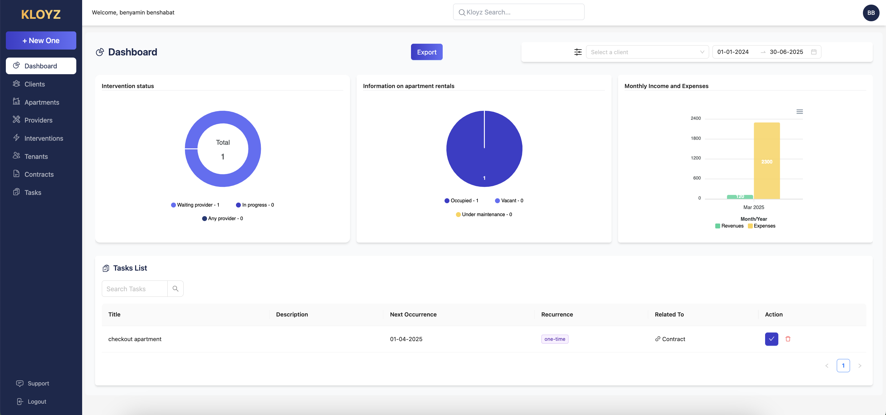 Interface KLOYZ - Dashboard CRM immobilier moderne avec gestion des locataires, contrats et paiements